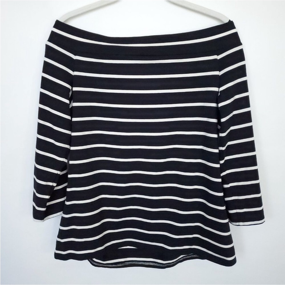 Loft Black and White Striped Boatneck Top with 3/4 Sleeve